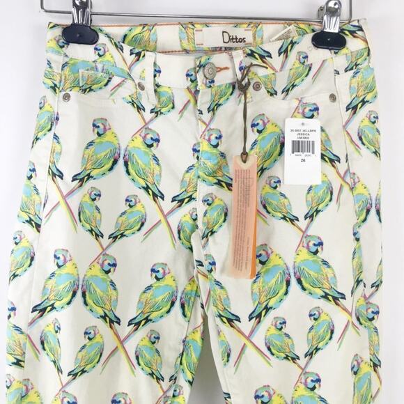 Dittos Denim Jessica Ivory Green Love Bird Print Jeggings Skinny Jeans NWT - Picture 3 of 11